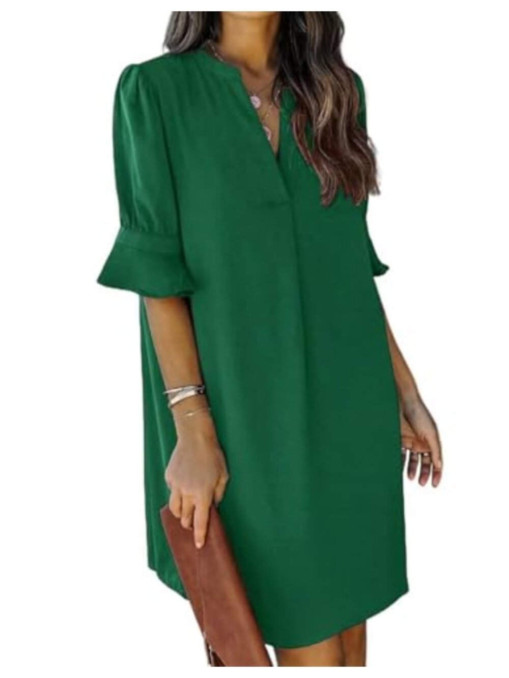 Women's V Neck Short Sleeve Ruffled Shift Dress Knee Length Casual Summer